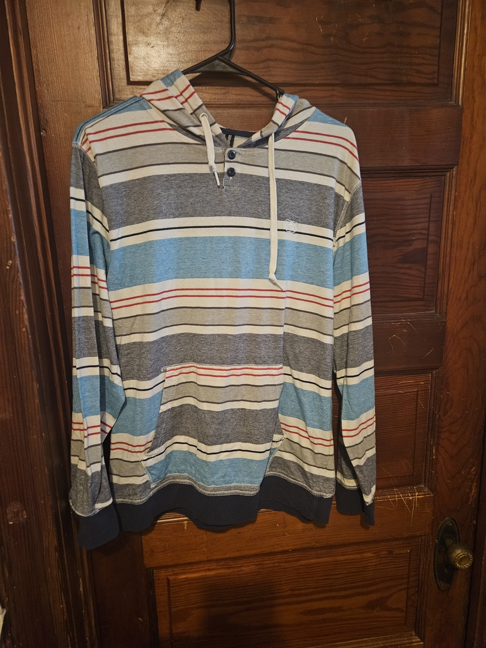 Womens Striped Hooded Long-Sleeve Shirt in Blue and Gray